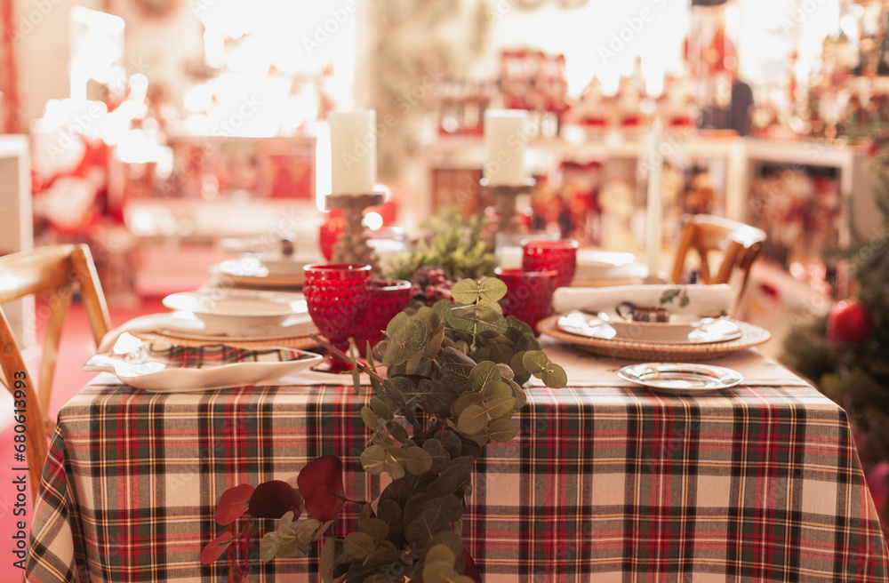 christmas table setting in red color palette with checkered classic tablecloth christmas table setting in red color palette with checkered classic tablecloth