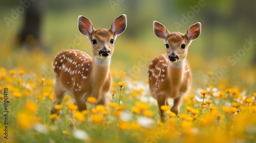 Graceful fawns prancing through a blooming wildflower meadow. photo