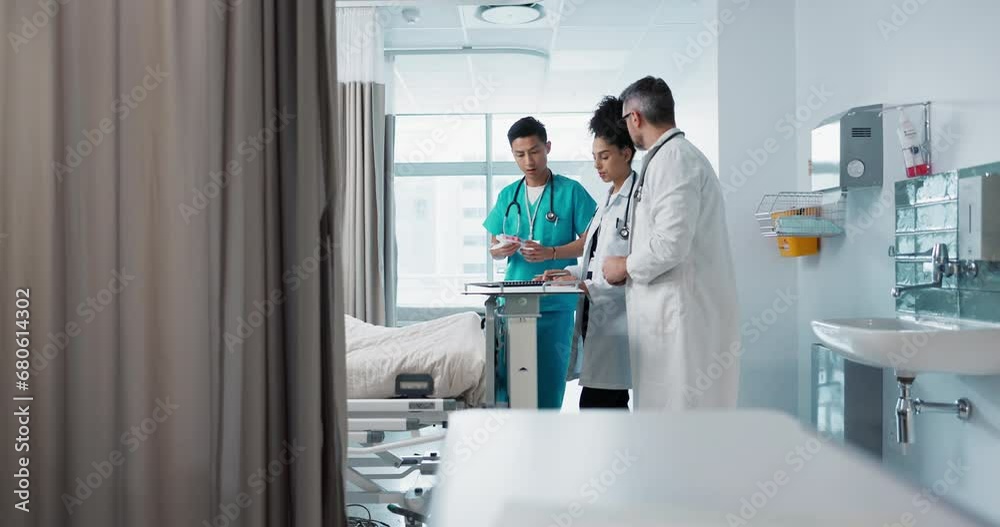 Medicine, hospital and a healthcare team of doctors checking on a patient in recovery or rehabilitation. Medical, teamwork and consulting with a group of health professionals in a clinic for wellness Medicine, hospital and a healthcare team of doctors checking on a patient in recovery or rehabilitation. Medical, teamwork and consulting with a group of health professionals in a clinic for wellness