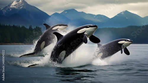 Powerful orcas leaping out of the ocean depths  their massive bodies gliding gracefully through the air before plunging back into the sea.