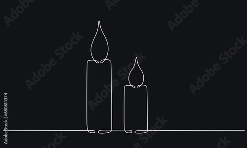 Christmas candles with burning flame. One continuous single line hand drawing art. Vector stock illustration isolated on black background for design template greeting card, invitation, editable stroke