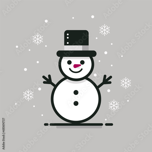 Happy cute snowman with a smiling face. Black and white vector illustration in flat style. Design element for Christmas and Happy New Year greeting card, postcard, labels, tags, cover.