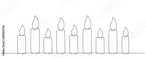 Christmas candle with burning flame. One continuous single line hand drawing art. Vector stock illustration isolated on white background for design template greeting card, invitation. Editable stroke