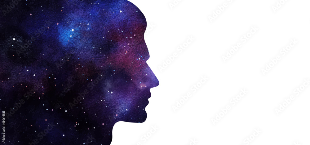 Vector illustration of human head silhouette with abstract galaxy watercolor