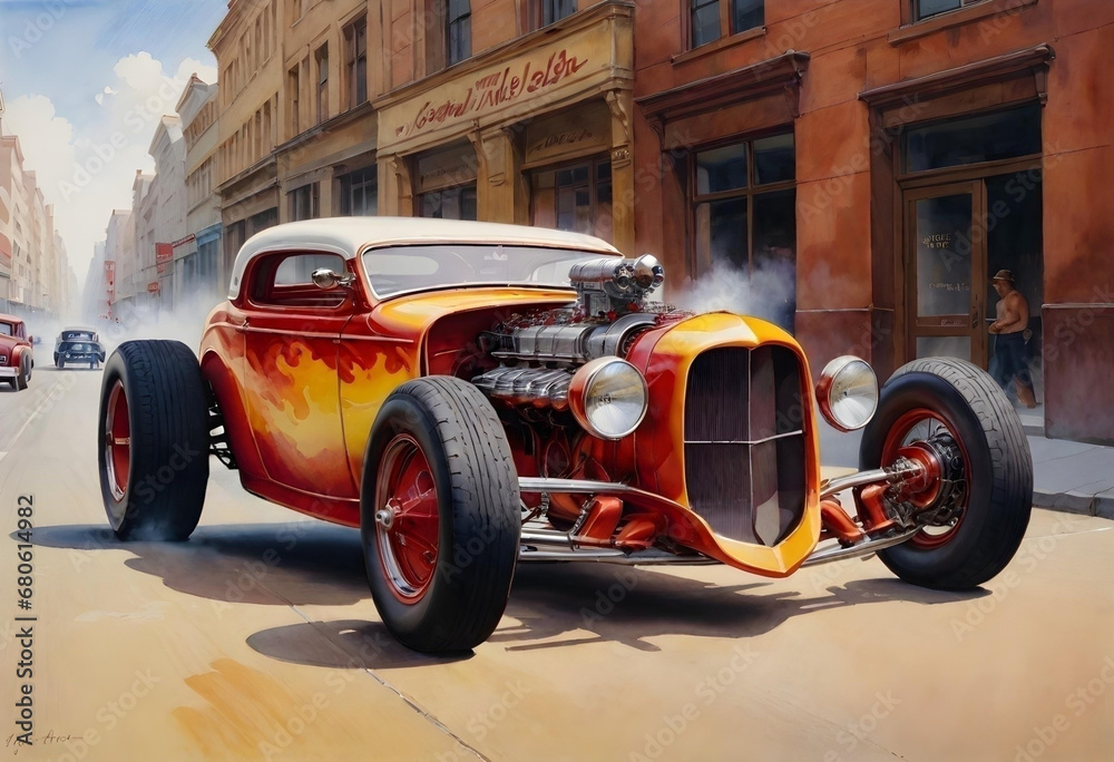 watercolor art drawing of a hot rod car. generative ai