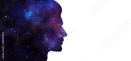 Vector illustration of human head silhouette with abstract galaxy watercolor