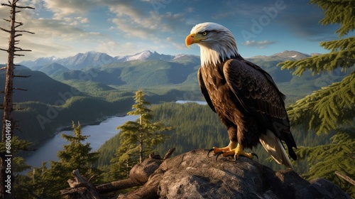 Regal bald eagle perched high on a cliff, its keen eyes scanning the vast wilderness below for prey. © Animals