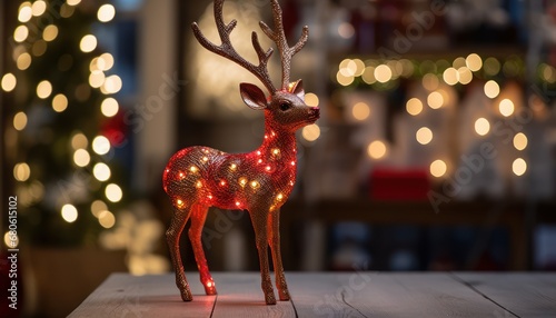 Enchanted Twilight: A Delicate Deer Figurine Illuminated on a Rustic Wooden Table
