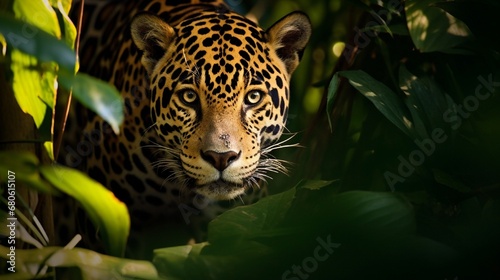 Stealthy jaguar silently stalking its prey through the dense Amazon rainforest  dappled sunlight filtering through the canopy.