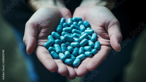 Man holding blue pills in his hands, improving potency, erection problems