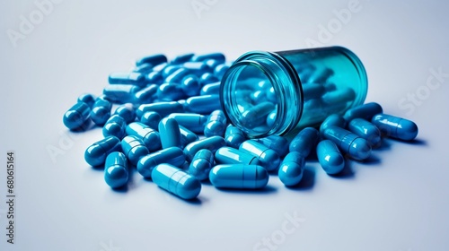 Blue capsules on white background, pills helping man with sexual problems in bed