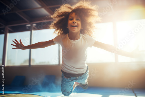 Happy little child enjoys jumping on trampoline in sport jump park, sunlight photo