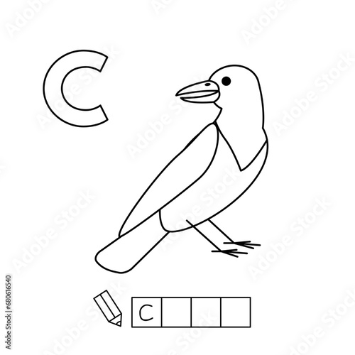Cartoon craw coloring pages. Learning game for small children - write a word in English language. Vector alphabet for kids