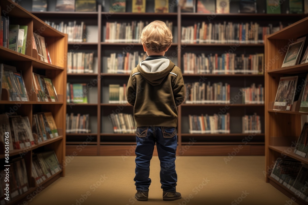 little boy standing on shelf at the children's section in the library little boy standing on shelf at the children's section in the library