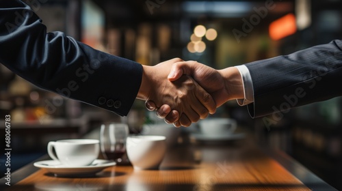 A handshake between people, a strong symbol representing formal friendship or harmony between borders, nations, states or even continents. Reunification to overcome the crisis. Teamwork concept. photo