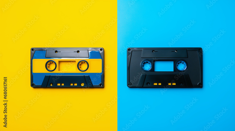 Two old cassettes on a blue and yellow surface