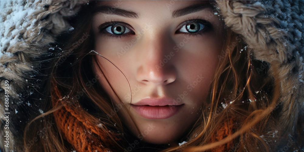Close-up of woman in hooded coat, intense gaze, and detailed facial features.