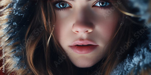 Close-up of woman in hooded coat  intense gaze  and detailed facial features.