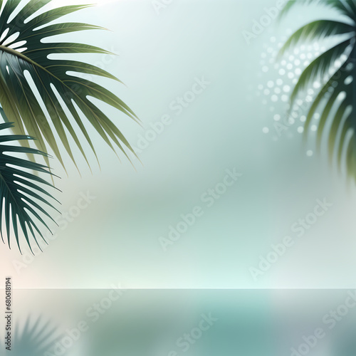 Palm tree leaves on blurred background with space for text. Generative AI