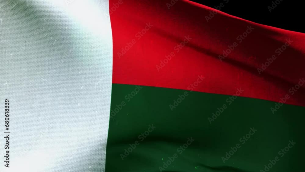 madagascar flag waving closeup. Highly Detailed Fabric Pattern with vintage and retro effect, 3D Rendering video footage. 4K resolution for celebration, national award, patriotic, social media etc.