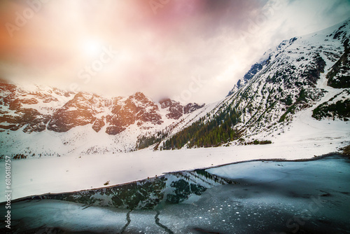 Fototapeta Naklejka Na Ścianę i Meble -  Frozen Lake Morskie Oko or Sea Eye Lake in Poland at Winter.