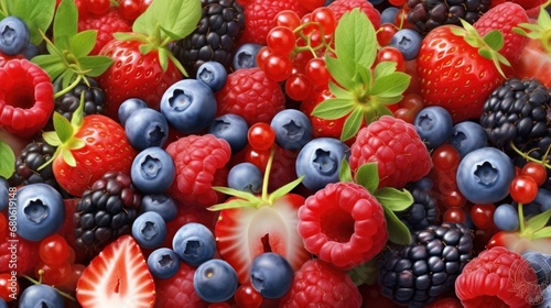 Assorted fresh berries in vibrant close-up view. Organic food and nutrition. © Postproduction