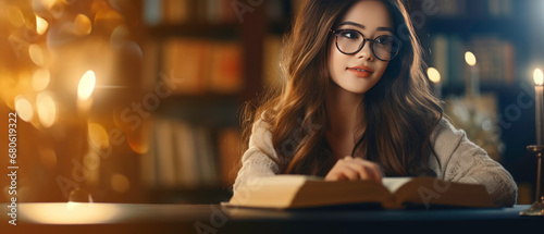 Young Asian woman engrossed in a book in a library.