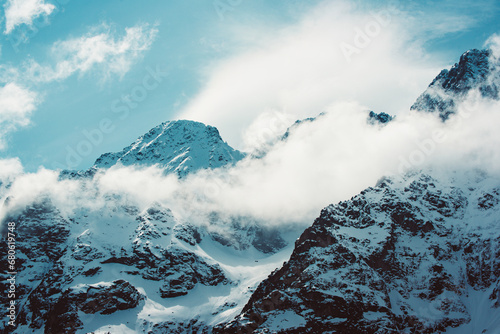 Fototapeta Naklejka Na Ścianę i Meble -  Mountain peaks near Morskie Oko or Sea Eye Lake in Poland at Winter. Tatras range