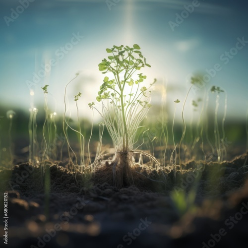 A young plant sprouts from the ground with young leaves against the background of the sun, at dawn
