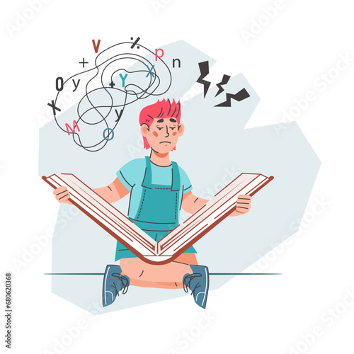 Dyslexic child has difficulties in in reading and studying, flat vector illustration isolated on white background. Dyslexia and strategies to help children overcome reading and learning difficulties.