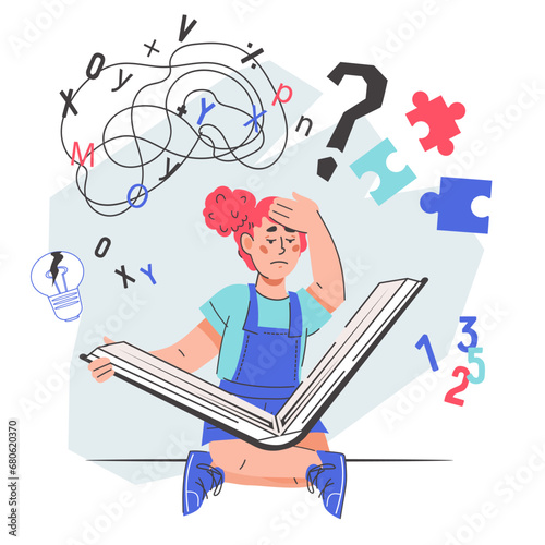 Dyslexic children face difficulties in studying and reading. Dyslexia disorder and difficulty in learning reading, flat vector illustration isolated on white. Upset child has stress during studying.
