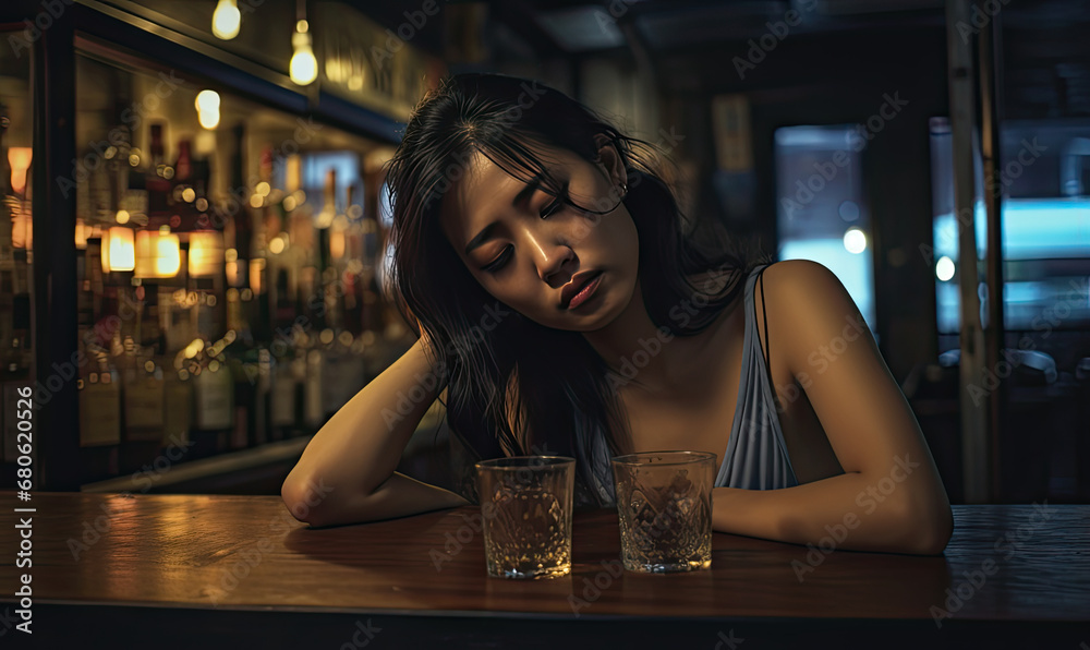 Serene woman at a bar table with a glass of whiskey in a dimly lit.