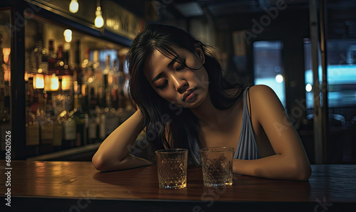 Serene woman at a bar table with a glass of whiskey in a dimly lit.