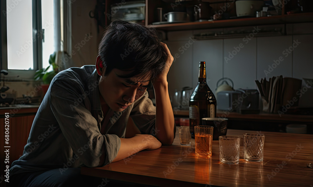 Dimly-lit ambiance with a man lost in thought, whiskey on the table. Dimly-lit ambiance with a man lost in thought, whiskey on the table.