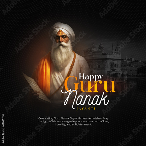 Bright poster celebrating Guru Nanak Ji, featuring a colorful portrait and festive design elements