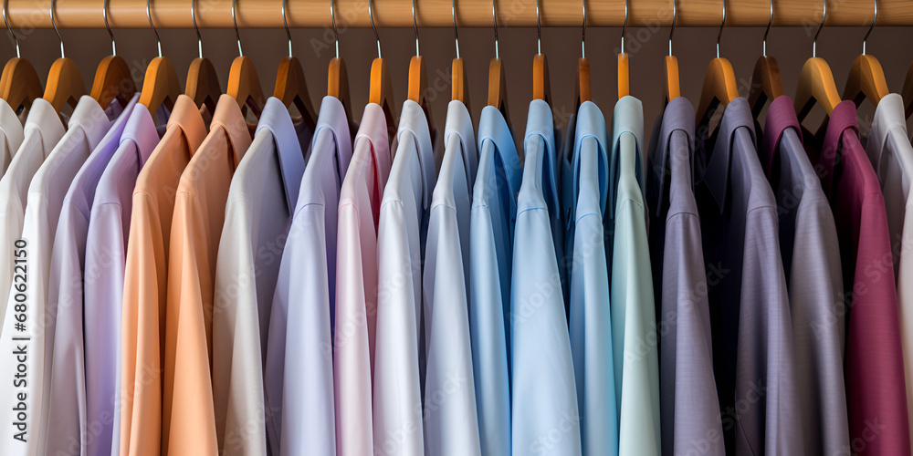 Different colored shirts hanging in row ,A rack of clothes with a blue shirt on it ,Office wear men shirts hanging on a rack with generative ai


