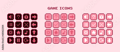 Set of pixel game buttons icons - Pink theme (ID: 680622104)