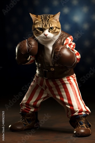 Cat, Animal, Feline, Ironic, Boxer, Vintage, Retro, Boxing, Red, Gloves. AMERICAN VINTAGE BOXER CAT POSE. Portrait of a retro boxer cat in striped red and white dress. Leather gloves and shoes. 