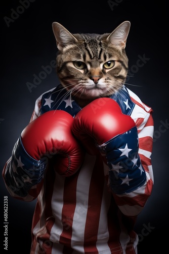 Cat, Boxer, Boxing, U.S. flag, American, Ironic, Gloves, Poster, Animal. AMERICAN BOXER CAT POSE. Portrait of a trained cat boxer in U.S.A. sports suit framed in fighting pose.