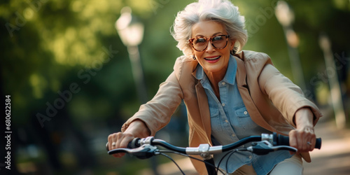 Senior woman cycling in city.