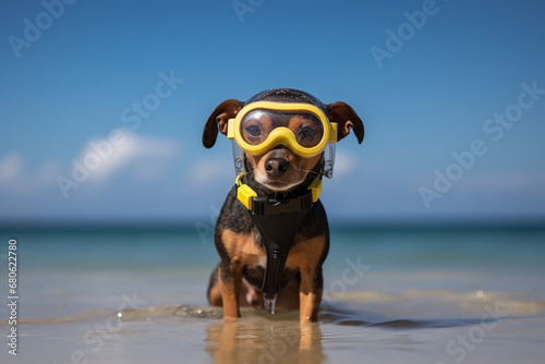 Dog ready for swimming, vocation, The dog wears a swimming suit and scuba gogles at the beautiful beach.
