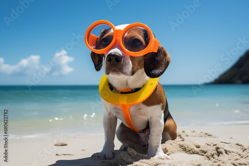 Dog ready for swimming, vocation, The dog wears a swimming suit and scuba gogles at the beautiful beach. © Wuttichaik