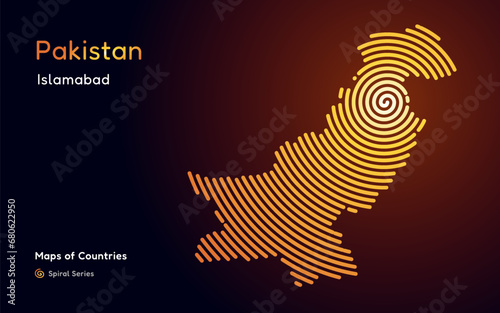 Abstract gold map of Pakistan with circle lines. identifying its capital city, Islamabad. Spiral fingerprint series