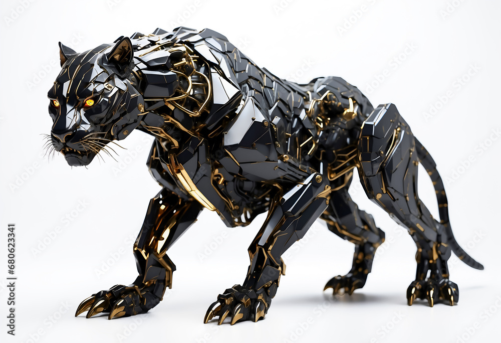 Futuristic, mechanical cybernetic panther isolated on a white background. Ideal for futuristic technology, robotics, cybernetics, mechanical animals, sci-fi creatures. Futuristic, mechanical cybernetic panther isolated on a white background. Ideal for futuristic technology, robotics, cybernetics, mechanical animals, sci-fi creatures.