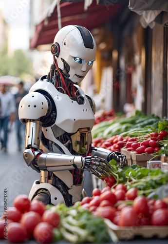 Humanoid robot selling radishes at a street market. Ideal for futuristic concepts, robot technology, AI market interactions, futuristic market.