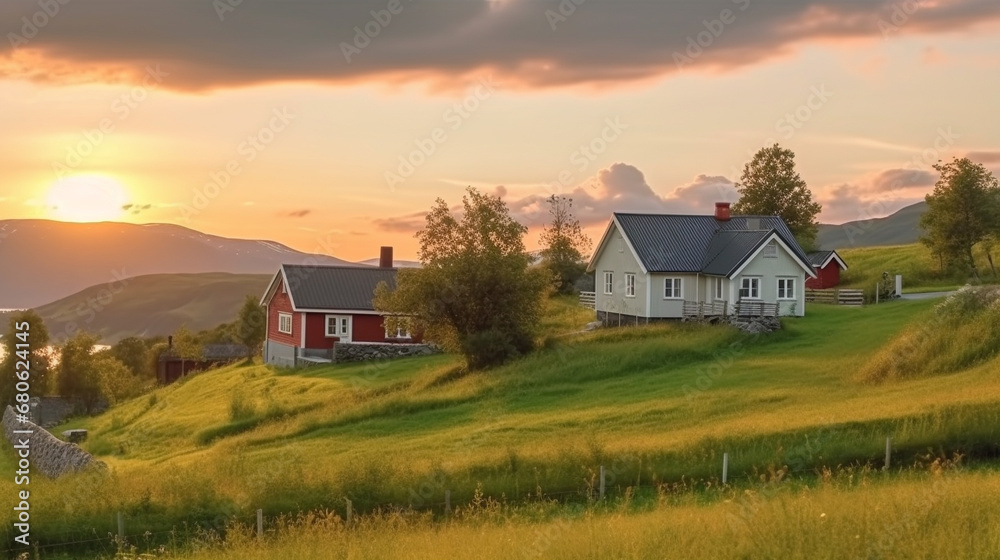 Houses along the green landscape. AI Generated