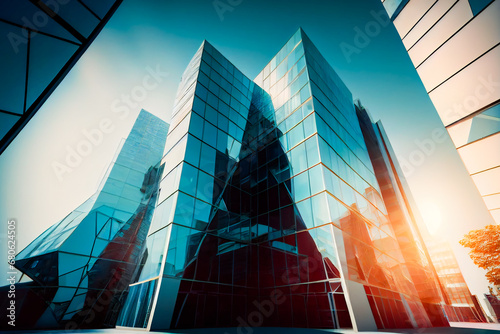 The Beauty of Glass Architecture  with a Blue Sky.  Large Office Building with many windows.  Generative AI.