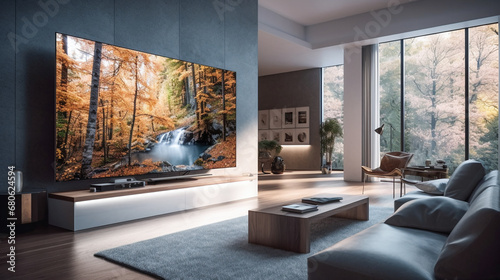 Elegant living room with big tv screen.  Big Tv In A Living Room photo