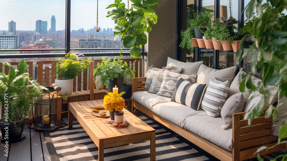 Fototapeta premium Chic Balcony Haven. Cozy City Balcony Oasis....