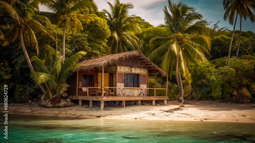 Bungalow in tropical beach.  Cozy wooden touristic cabin.  AI Generated © EwaStudio